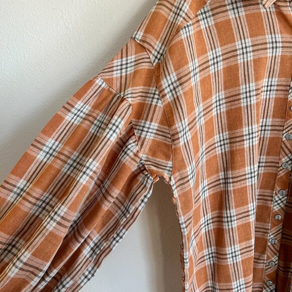 POL Shirt Oversize Plaid Tunic Split Collar Bishop Sleeve - Picture 5 of 11